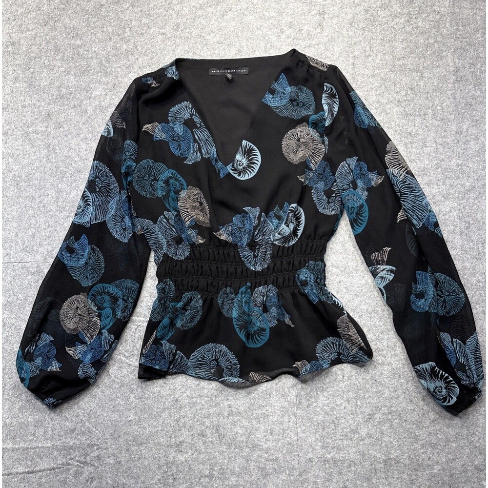 White House Black Market Nautilus Seashell Peplum Blouse XS Blue Coastal Resort